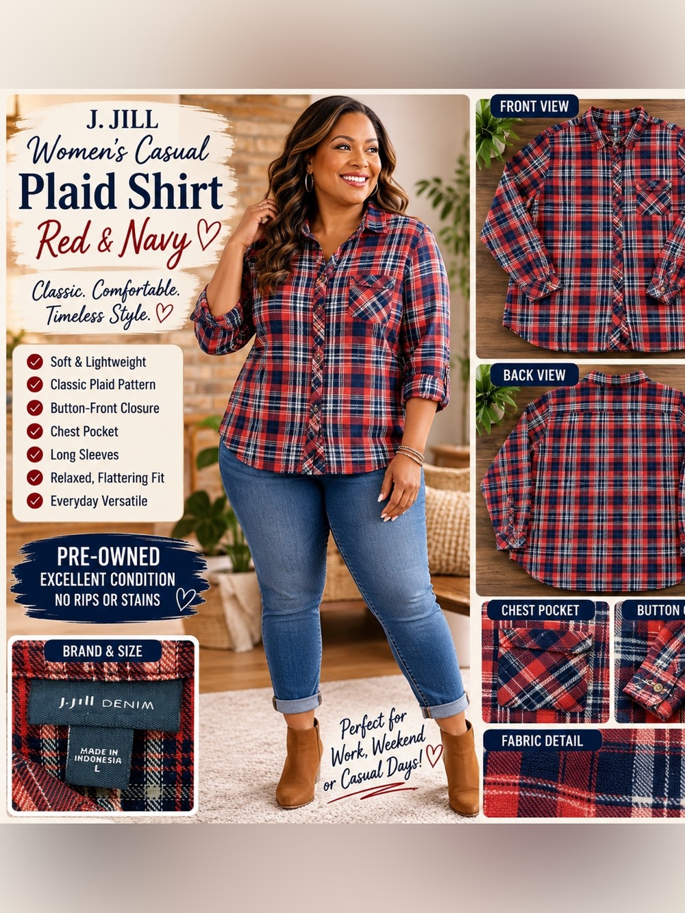 J. Jill Women’s Casual Red and Navy Plaid Shirt